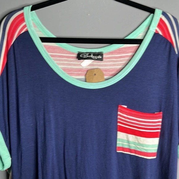 belush Blue and Striped Print Slouchy Short Sleeve T Shirt Plus Size 3X - Picture 3 of 8